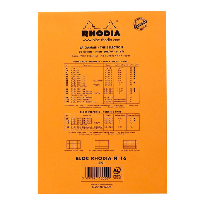 Rhodia Bloc Pad No. 16 A5 Blank Orange Notepad FPC16000C