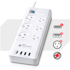 Sansai 6 Way Surge Powerboard with 3x USB, 1x USB-C Charging Ports DVSPB0155