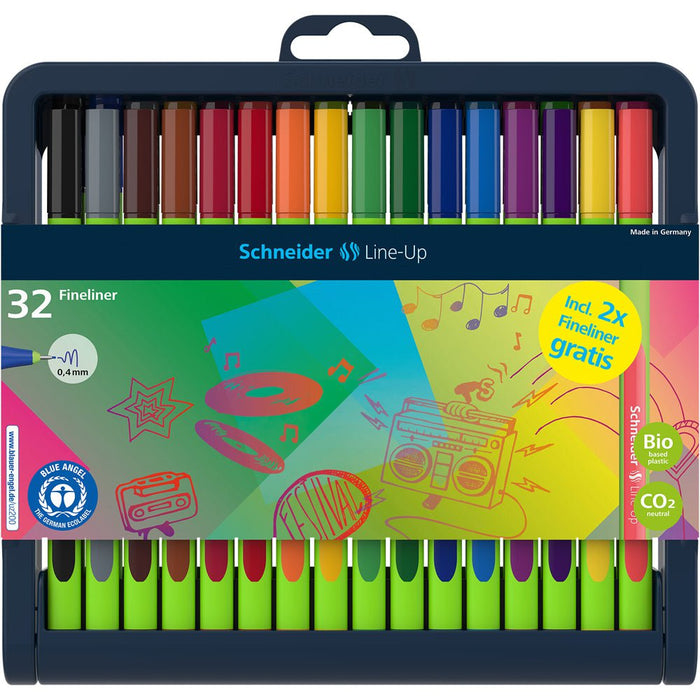 Schneider Fineliner Line-Up 0.4mm Assorted Colours Pens with Pencil Case Stand - Set of 32 CXS191091