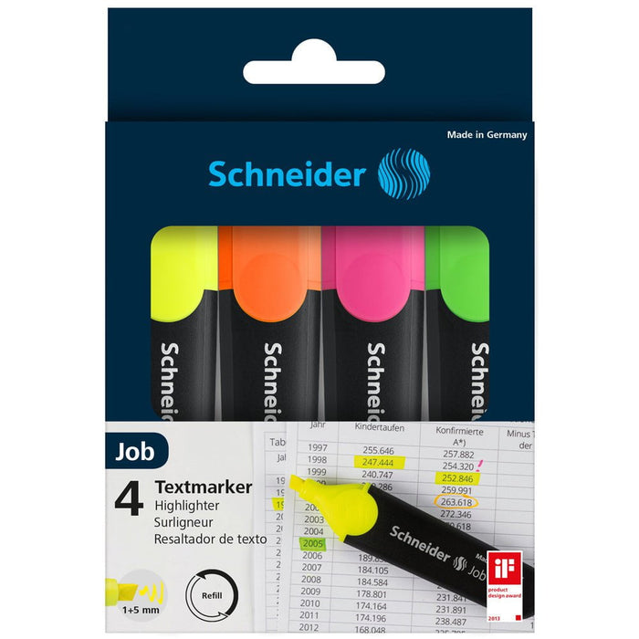 Schneider Highlighter Job Assorted Colours, Wallet of 4 Pieces CXS1500