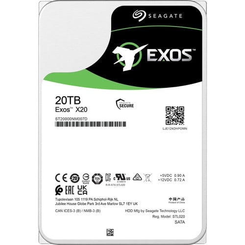 Seagate Exos X20 ST20000NM007D 20 TB Hard Drive - Internal - SATA (SATA/600) - Conventional Magnetic Recording (CMR) Method - Storage System, Video Surveillance System Device Supported - 7200rpm IM5368591