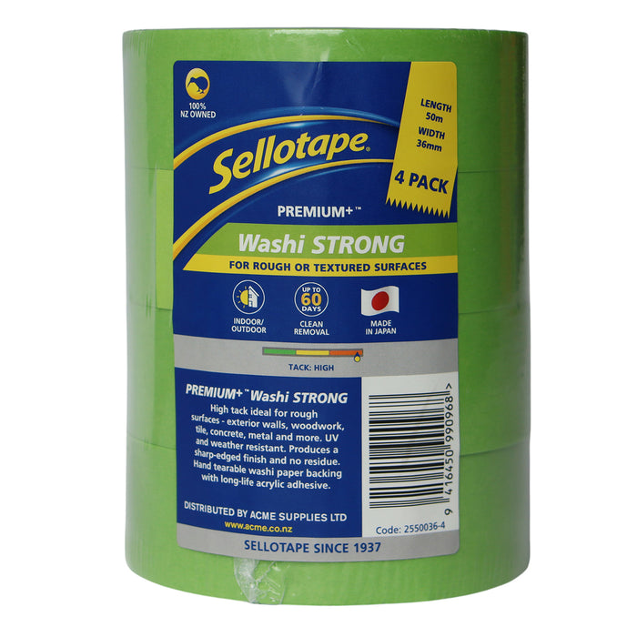 Sellotape Washi Premium+ Strong, Green, 36mm x 50mt, 4's pack CX2550036-4