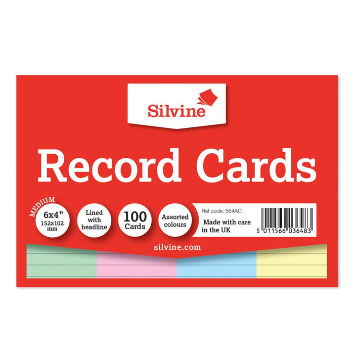 Silvine Record Cards 6 x 4 Ruled Assorted Colours CX564AC