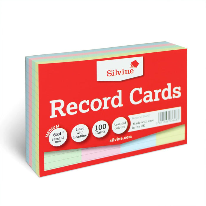 Silvine Record Cards 6 x 4 Ruled Assorted Colours CX564AC