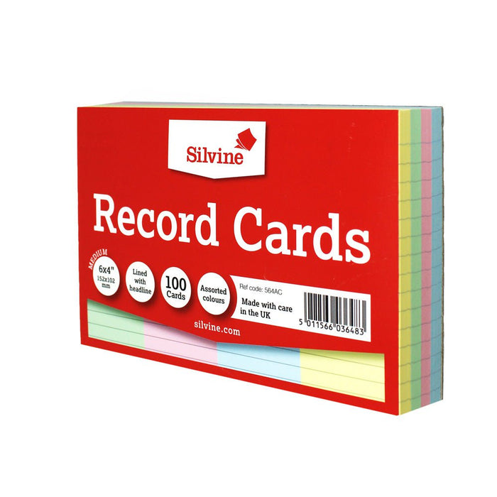 Silvine Record Cards 6 x 4 Ruled Assorted Colours CX564AC