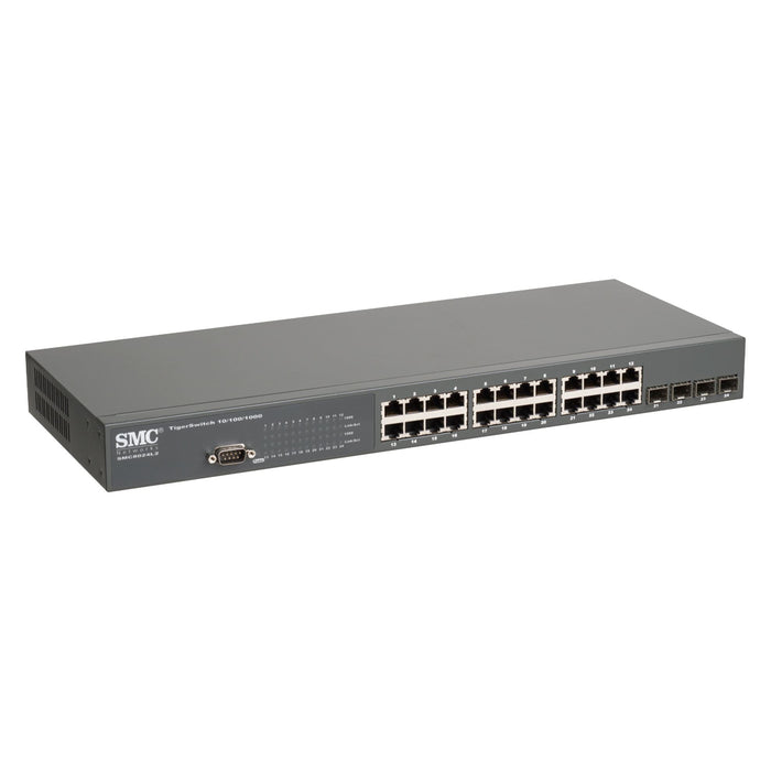 SMC 24-Port Managed Layer 2 TigerSwitch with 4 Combo (RJ45/SFP) Ports. Supports 24 10/100/1000Mbps, VLAN with Advanced QinQ, QoS, IGMP Snooping, 1U Footprint, CDSMC8024L2