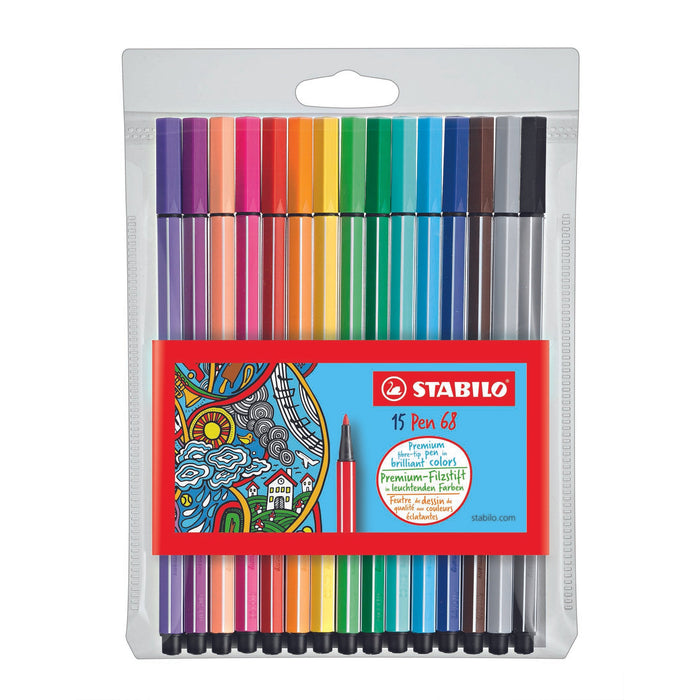 Stabilo Pen 68 Fibre Tip Pen Assorted Colours Wallet of 15 AO49432