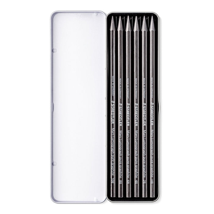 Staedtler Mars Lumograph Pure Graphite, 6 Assorted Degrees, In Reusable Metal Storage Tin ST100G-M6