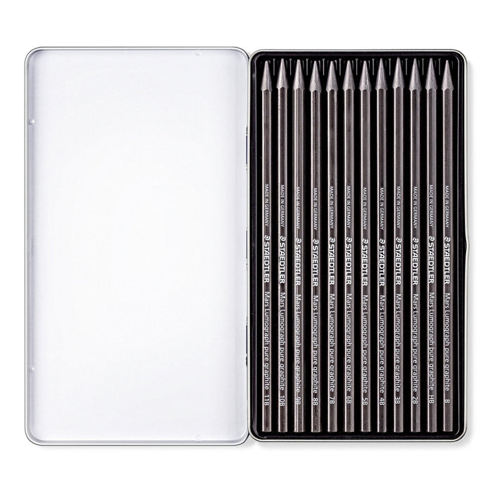 Staedtler Mars Lumograph Pure Graphite Pencil, 12 Assorted Degrees, In Reusable Metal Storage Tin ST100G-M12