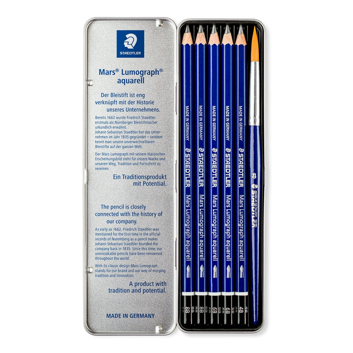 Staedtler Mars Lumograph Tin of 6 Aquarell Pencils (5 Watercolour Graphite Pencils and 1 Round Brush) ST100A-G6