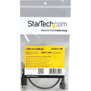 StarTech.com 0.5m 20in Slim Micro USB 3.0 (5Gbps) Cable - M/M - USB 3.0 A to Left-Angle Micro USB - USB 3.2 Gen 1 - Position your USB 3.0 Micro devices with less clutter and according to your configuration needs, with a thin, more flexible cable - 0.5m US IM3051998