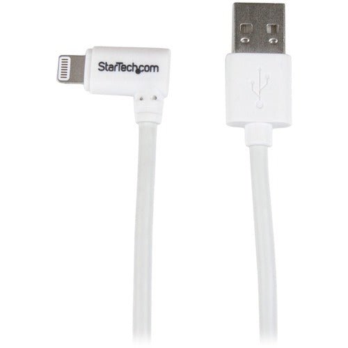 StarTech.com 1m 3 ft Angled Lightning to USB Cable - White - Angled Lightning Cable for iPhone / iPod / iPad - 1 m Lightning/USB Data Transfer Cable for iPhone, Wall Charger - First End: 1 x 4-pin USB Type A - Male - Second End: 1 x 8-pin Lightning - Male IM3063767