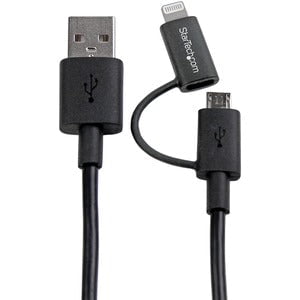 StarTech.com 1m (3 ft) Black Apple 8-pin Lightning Connector or Micro USB to USB Combo Cable for iPhone / iPod / iPad - 1 m Lightning/USB Data Transfer Cable for iPad, iPhone - First End: 1 x 8-pin Lightning - Male, 1 x 5-pin Micro USB Type B - Male - Sec IM2894884