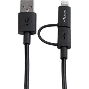 StarTech.com 1m (3 ft) Black Apple 8-pin Lightning Connector or Micro USB to USB Combo Cable for iPhone / iPod / iPad - 1 m Lightning/USB Data Transfer Cable for iPad, iPhone - First End: 1 x 8-pin Lightning - Male, 1 x 5-pin Micro USB Type B - Male - Sec IM2894884