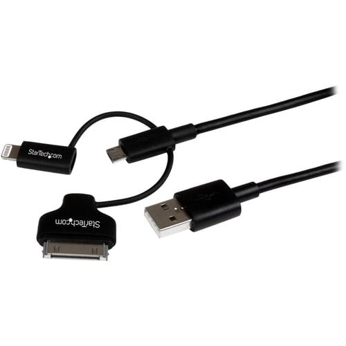 StarTech.com 1m (3 ft) Black Apple 8-pin Lightning or 30-pin Dock Connector or Micro USB to USB Combo Cable for iPhone / iPod / iPad - 1 m Lightning/Proprietary/USB Data Transfer Cable for iPhone - First End: 1 x 8-pin Lightning - Male, 1 x 30-pin Apple D IM2894883