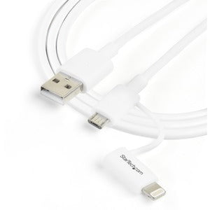 StarTech.com 1m (3ft) Apple Lightning or Micro USB to USB Cable for iPhone / iPod / iPad - White - 1 m Lightning/USB Data Transfer Cable for iPhone - First End: 1 x 4-pin USB Type A - Male - Second End: 1 x 8-pin Lightning - Male, 1 x 5-pin Micro USB Type IM2962703