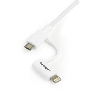 StarTech.com 1m (3ft) Apple Lightning or Micro USB to USB Cable for iPhone / iPod / iPad - White - 1 m Lightning/USB Data Transfer Cable for iPhone - First End: 1 x 4-pin USB Type A - Male - Second End: 1 x 8-pin Lightning - Male, 1 x 5-pin Micro USB Type IM2962703