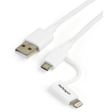 StarTech.com 1m (3ft) Apple Lightning or Micro USB to USB Cable for iPhone / iPod / iPad - White - 1 m Lightning/USB Data Transfer Cable for iPhone - First End: 1 x 4-pin USB Type A - Male - Second End: 1 x 8-pin Lightning - Male, 1 x 5-pin Micro USB Type IM2962703