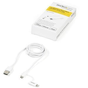 StarTech.com 1m (3ft) Apple Lightning or Micro USB to USB Cable for iPhone / iPod / iPad - White - 1 m Lightning/USB Data Transfer Cable for iPhone - First End: 1 x 4-pin USB Type A - Male - Second End: 1 x 8-pin Lightning - Male, 1 x 5-pin Micro USB Type IM2962703