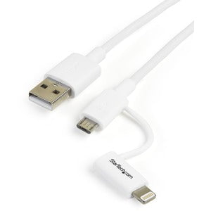 StarTech.com 1m (3ft) Apple Lightning or Micro USB to USB Cable for iPhone / iPod / iPad - White - 1 m Lightning/USB Data Transfer Cable for iPhone - First End: 1 x 4-pin USB Type A - Male - Second End: 1 x 8-pin Lightning - Male, 1 x 5-pin Micro USB Type IM2962703