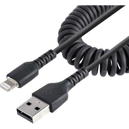 StarTech.com 1m (3ft) USB to Lightning Cable, MFi Certified, Coiled iPhone Charger Cable, Black, Durable TPE Jacket Aramid Fiber - 1 m Lightning/USB Data Transfer Cable for Mobile Device, iPhone, iPad Air, iPad mini - First End: 1 x 8-pin Lightning - Male IM5472771