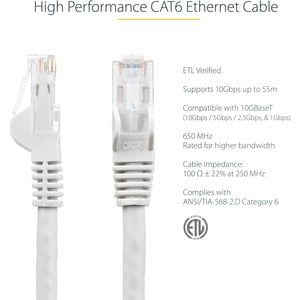 StarTech.com 2m CAT6 Ethernet Cable - White Snagless Gigabit - 100W PoE UTP 650MHz Category 6 Patch Cord UL Certified Wiring/TIA - 2 m Category 6 Network Cable for Network Device - First End: 1 x RJ-45 Network - Male - Second End: 1 x RJ-45 Network - Male IM2701103