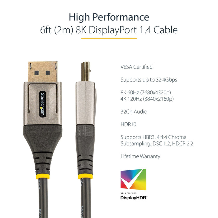 Startech.com 2m Vesa Certified DisplayPort 1.4 Cable with Latches DP 8K, 4K DDDP14VMM2M