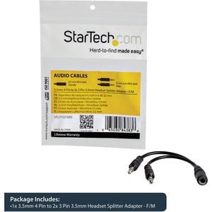 StarTech.com 3.5mm 4 Position to 2x 3 Position 3.5mm Headset Splitter Adapter - F/M - 12.95 cm Mini-phone Audio Cable for Audio Device, Headphone, Microphone, Notebook, Headset - First End: 1 x 4-pin Mini-phone Stereo Audio - Female - Second End: 2 x 3-pi IM1721995