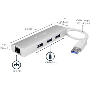 StarTech.com 3-Port Portable USB 3.0 Hub plus Gigabit Ethernet - USB - External - 3 USB Port(s) - 1 Network (RJ-45) Port(s) - 3 USB 3.0 Port(s) - PC, Mac, ChromeOS IM3098283