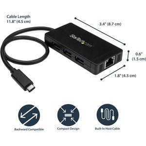StarTech.com 3-port USB 3.0 Hub Plus GbE - USB Type C - External - 3 USB Port(s) - 1 Network (RJ-45) Port(s) - 3 USB 3.0 Port(s) - PC, Mac - TAA Compliant IM3302353