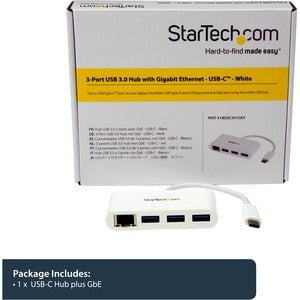 StarTech.com 3-Port USB-C Hub with Gigabit Ethernet - USB-C to 3x USB-A - USB 3.0 Hub - White - USB 3.0 Type C - External - 3 USB Port(s) - 1 Network (RJ-45) Port(s) - 3 USB 3.0 Port(s) - UASP Support - PC, Mac, Linux IM3521282