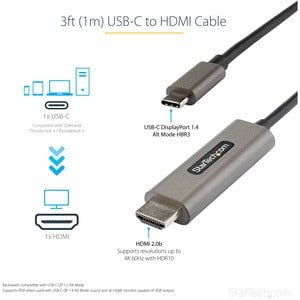 StarTech.com 3ft (1m) USB C to HDMI Cable 4K 60Hz with HDR10, Ultra HD USB Type-C to HDMI 2.0b Video Adapter Cable, DP 1.4 Alt Mode HBR3 - 1 m HDMI/USB-C A/V Cable for Audio/Video Device, Monitor, Digital Signage Display, TV, Projector, MacBook Pro, iPad IM5231874