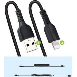 StarTech.com 50cm/20in USB to Lightning Cable, MFi Certified, Coiled iPhone Charger Cable, Black, Durable TPE Jacket Aramid Fiber - 50 cm Lightning/USB Data Transfer Cable for Mobile Device, iPhone, iPad Air, iPad mini - First End: 1 x 8-pin Lightning - M IM5472773