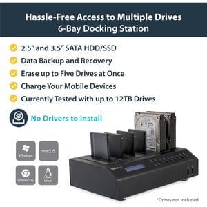 StarTech.com 6 Bay Hard Drive Duplicator/Eraser, 1:5 HDD/SSD Cloner/Copier, USB/eSATA to SATA Dock, Disk Sanitizer/Wiper, Cloning Device - 6-Bay external hard drive duplicator/eraser; Standalone drive cloner/copier, eraser/wiper, or docking station; 7 GB/ IM2842829