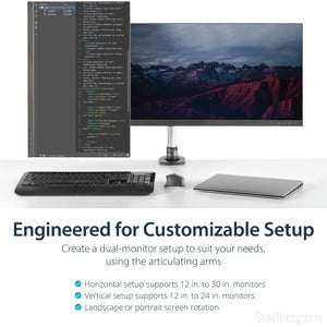 StarTech.com Desk Mount Dual Monitor Arm, Full Motion, Premium Dual Monitor Mount for up to 30"(19.8lb/9kg) VESA Mount Monitors, Tool-less - Height Adjustable - 2 Display(s) Supported - 76.2 cm (30") Screen Support - 18 kg Load Capacity - 75 x 75, 100 x 1 IM3237739