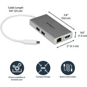 StarTech.com Docking Station - for Notebook - 60 W - USB Type C - 1 Displays Supported - 4K - 4096 x 2160, 3840 x 2160 - 2 x USB Ports - 2 x USB 3.0 - 2 x USB Type-A Ports - USB Type-A - USB Type-C - Network (RJ-45) - HDMI - Silver, White - Wireless LAN - IM3638553