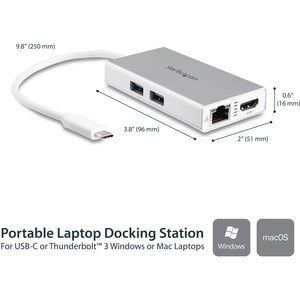 StarTech.com Docking Station - for Notebook - 60 W - USB Type C - 1 Displays Supported - 4K - 4096 x 2160, 3840 x 2160 - 2 x USB Ports - 2 x USB 3.0 - 2 x USB Type-A Ports - USB Type-A - USB Type-C - Network (RJ-45) - HDMI - Silver, White - Wireless LAN - IM3638553