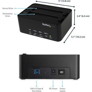 StarTech.com Dual Bay Hard Drive Duplicator and Eraser, External HDD/SSD Cloner / Copier / Wiper Tool, USB 3.0 to SATA Docking Station - Standalone - 1 x Source Drive(s) Supported - 1 x Destination Drive(s) Supported - Serial ATA/600 Drive Interface - USB IM2523155