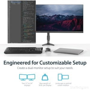 StarTech.com Dual Monitor Arm - Height Adjustable, Desk Surface or Grommet Mount for Two Displays with Cable Management - Height Adjustable - 2 Display(s) Supported - 30.5 cm to 61 cm (24") Screen Support - 27.22 kg Load Capacity - 75 x 75, 100 x 100 - VE IM2902478