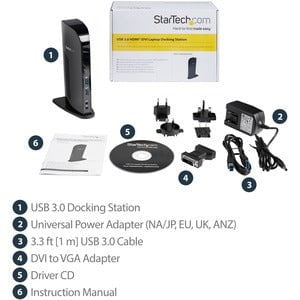 StarTech.com Dual Monitor USB 3.0 Docking Station with HDMI & DVI - 6 x USB Ports - Included DVI to VGA Adapter - Dual monitor dock connects HDMI & DVI displays to your laptop - 6 USB dock ports - 2 x USB 3.0 & 4 x USB 2.0 - Included DVI to VGA adapter - IM2086148