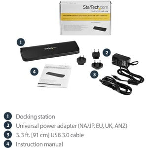 StarTech.com Dual Monitor USB 3.0 Laptop Docking Station, HDMI & DVI/VGA, 3x USB-A Hub, GbE, Audio, Universal USB-A Dock, Win/Mac, TAA - Dual Monitor USB 3.0 docking station w/ HDMI VGA DVI - Up to 1920x1080 (HDMI) 1920x1200 (DVI-D) and 2048x1152 (VGA) - IM2452823