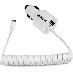 StarTech.com Dual-Port Car Charger - USB with Built-in Micro-USB Cable - White - 1 Pack - 21 W - 5 V DC/4.20 A Output IM2894959