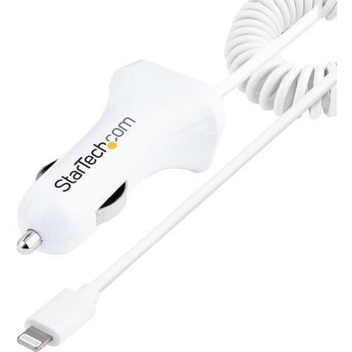 StarTech.com Lightning Car Charger with Coiled Cable, 1m Built-in Cable, 12W, White, 2 Port USB Car Charger Adapter, In Car iPhone Charger - Dual USB car charger charges two mobile devices up to 2.1A simultaneously; Built-in coiled Lightning cable provide IM5699785