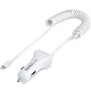 StarTech.com Lightning Car Charger with Coiled Cable, 1m Built-in Cable, 12W, White, 2 Port USB Car Charger Adapter, In Car iPhone Charger - Dual USB car charger charges two mobile devices up to 2.1A simultaneously; Built-in coiled Lightning cable provide IM5699785