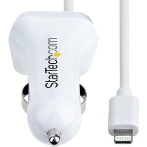 StarTech.com Lightning Car Charger with Coiled Cable, 1m Built-in Cable, 12W, White, 2 Port USB Car Charger Adapter, In Car iPhone Charger - Dual USB car charger charges two mobile devices up to 2.1A simultaneously; Built-in coiled Lightning cable provide IM5699785
