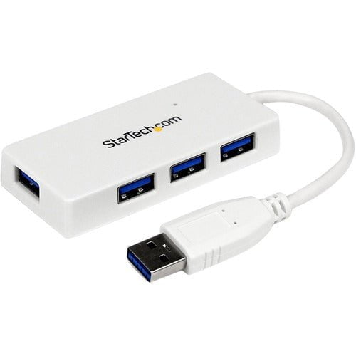 StarTech.com Portable 4 Port SuperSpeed Mini USB 3.0 Hub - 5Gbps - White - Add four external USB 3.0 ports to your notebook or Ultrabook™ with a slim, portable hub - White Four Port Mini USB Hub - 4Port External SuperSpeed USB 3 Hub with built-in cable - IM2463151