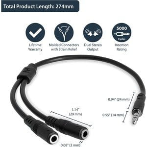 StarTech.com Slim Stereo Splitter Cable - 3.5mm Male to 2x 3.5mm Female - 20 cm Mini-phone Audio Cable for Audio Device, Headphone, Speaker, Cellular Phone, iPhone - First End: 1 x Mini-phone Stereo Audio - Male - Second End: 2 x Mini-phone Stereo Audio - IM2023895
