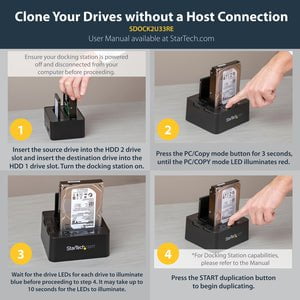 StarTech.com Standalone Hard Drive Duplicator Dock, External Dual Bay HDD/SSD Cloner/Copier, USB 3.0 / eSATA, SATA Disk Cloning / Recovery - Dual-Bay Hard Drive Duplicator Docking Station; External backup / recovery / cloning tool for 2,5 / 3,5in SATA SSD IM2709117