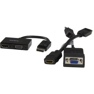 StarTech.com Travel A/V Adapter: 2-in-1 DisplayPort to HDMI or VGA - 1 Pack - 1 x 20-pin DisplayPort 1.2 Digital Audio/Video - Male - 1 x 15-pin HD-15 - Female, 1 x 19-pin HDMI 1.4 Digital Audio/Video - Female - Black IM2910024