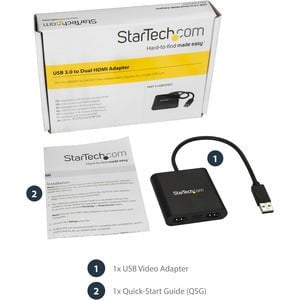 StarTech.com USB 3.0 to Dual HDMI Adapter, 1x 4K & 1x 1080p, External Graphics Card, USB Type-A Dual Monitor Display Adapter, Windows Only - 1 Pack - 9-pin Type A USB 3.0 USB Male - 2 x 19-pin HDMI Digital Audio/Video Female - 3840 x 2160 Supported - Blac IM3677777
